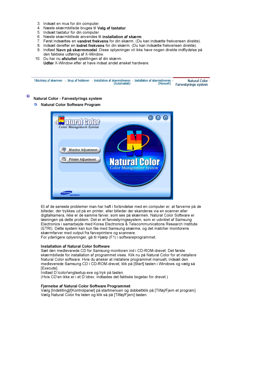 Samsung MJ19MSTSQ/EDC manual Installation af Natural Color Software, Fjernelse af Natural Color Software Programmet 