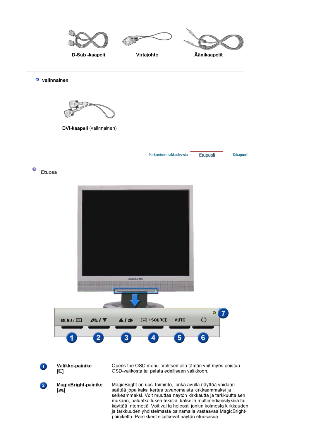 Samsung LS19MJSTSH/EDC, LS17MJSTSE/EDC, LS19MJSTS7/EDC, MJ19MSTSQ/EDC manual Sub -kaapeli Virtajohto Äänikaapelit Valinnainen 