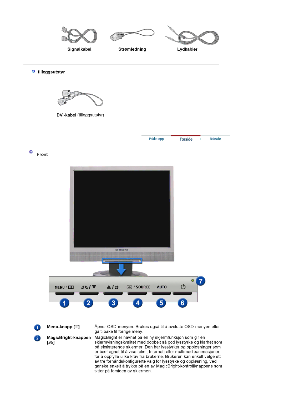 Samsung MJ19MSTSQ/EDC, LS17MJSTSE/EDC, LS19MJSTS7/EDC manual Signalkabel Strømledning Lydkabler Tilleggsutstyr, Front 