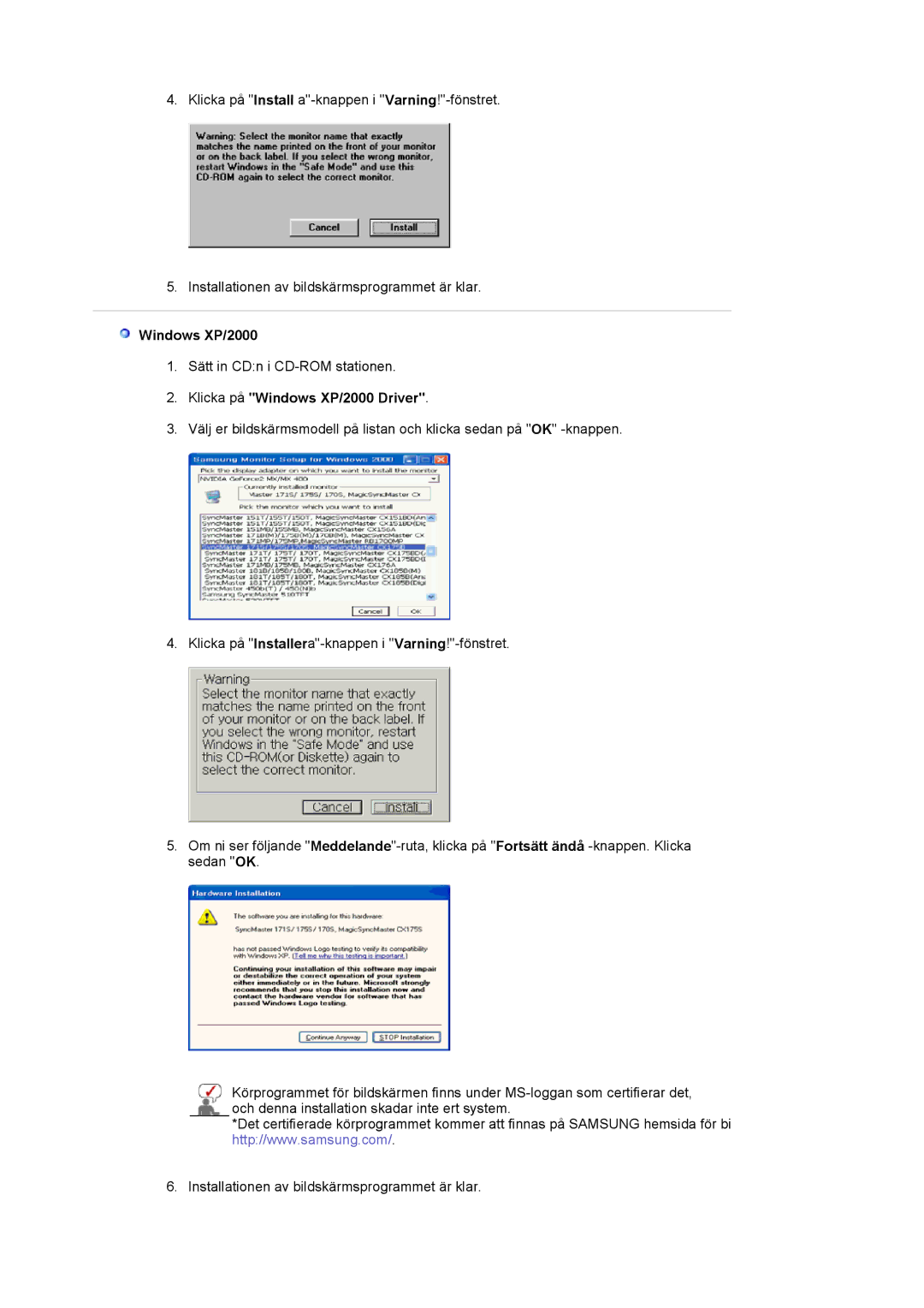 Samsung LS17MJSKS/EDC, LS17MJSTSE/EDC, LS19MJSTS7/EDC, MJ19MSTSQ/EDC, MJ17MSTSQ/EDC manual Klicka på Windows XP/2000 Driver 