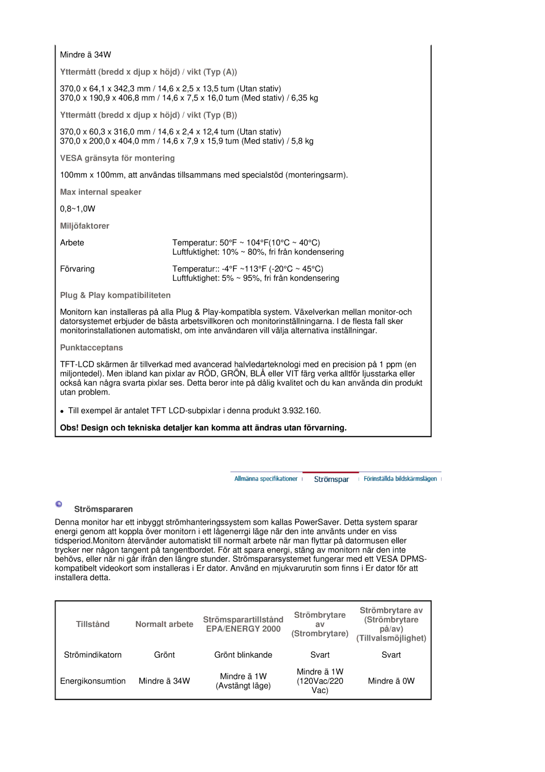 Samsung LS17MJSTSV/EDC manual Yttermått bredd x djup x höjd / vikt Typ a, Yttermått bredd x djup x höjd / vikt Typ B, På/av 