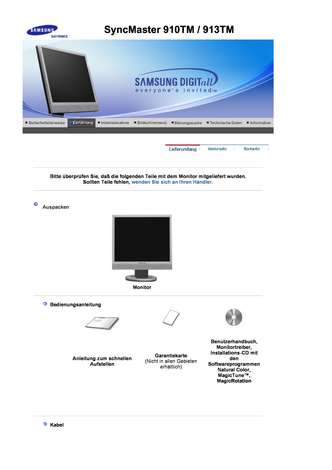 Samsung MJ17MSTSQ/EDC SyncMaster 910TM / 913TM, Sollten Teile fehlen, wenden Sie sich an Ihren Händler, Auspacken, Kabel 