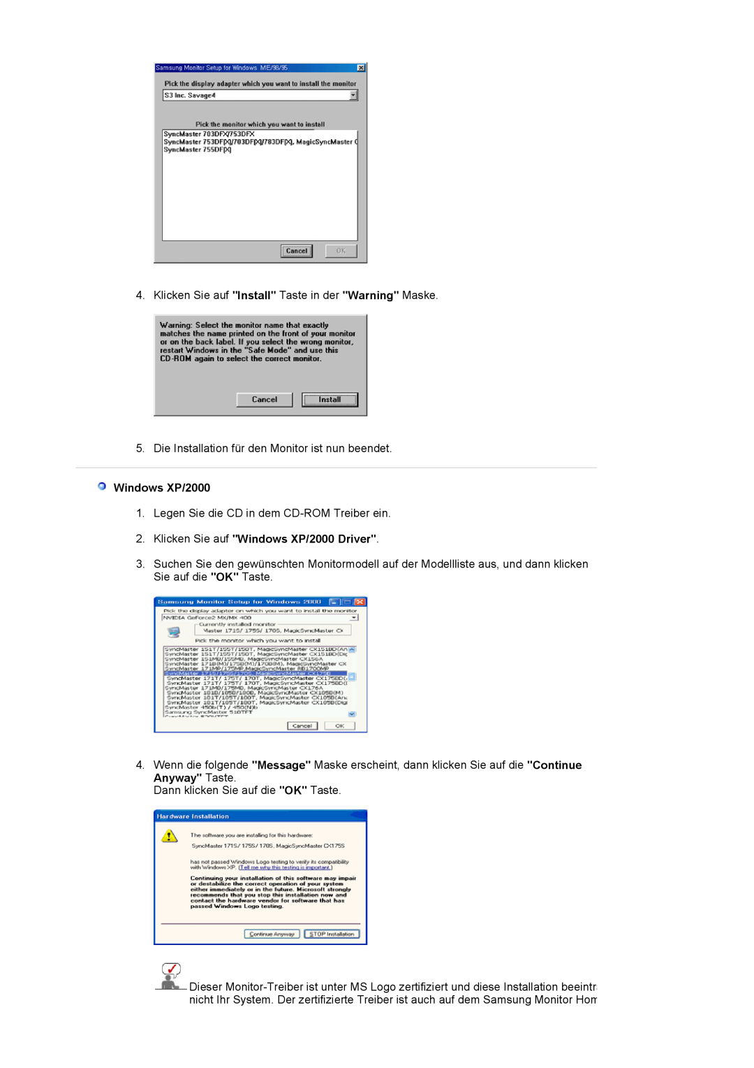 Samsung LS17MJSTSV/EDC, LS17MJSTSE/EDC, LS19MJSTS7/EDC, MJ19MSTSQ/EDC manual Klicken Sie auf Windows XP/2000 Driver 