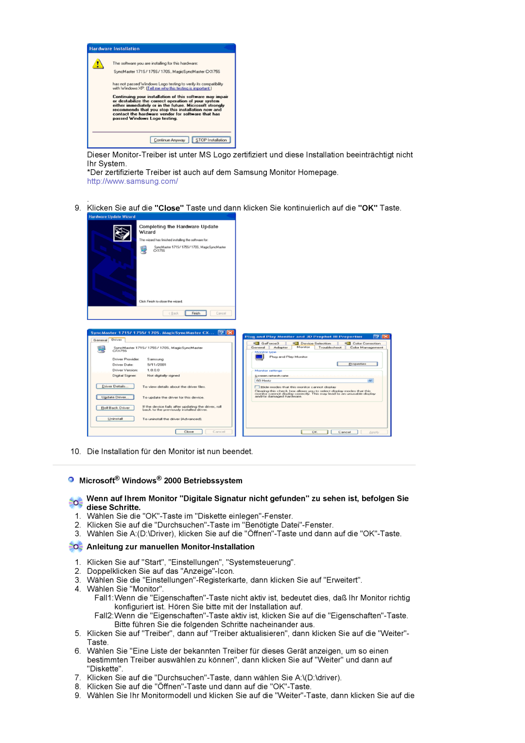 Samsung MJ19MSTSQ/EDC, LS17MJSTSE/EDC Microsoft Windows 2000 Betriebssystem, Anleitung zur manuellen Monitor-Installation 
