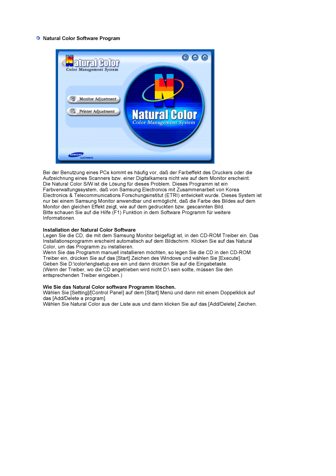 Samsung LS19MJSTSH/EDC, LS17MJSTSE/EDC manual Natural Color Software Program, Installation der Natural Color Software 