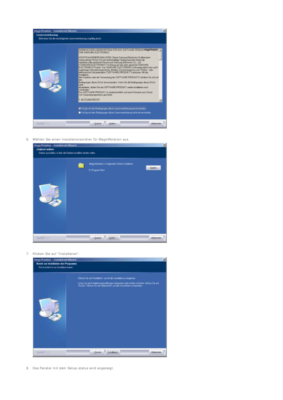 Samsung LS19MJSTS7/EDC manual 6. Wählen Sie einen Installationsordner für MagicRotation aus, Klicken Sie auf Installieren 