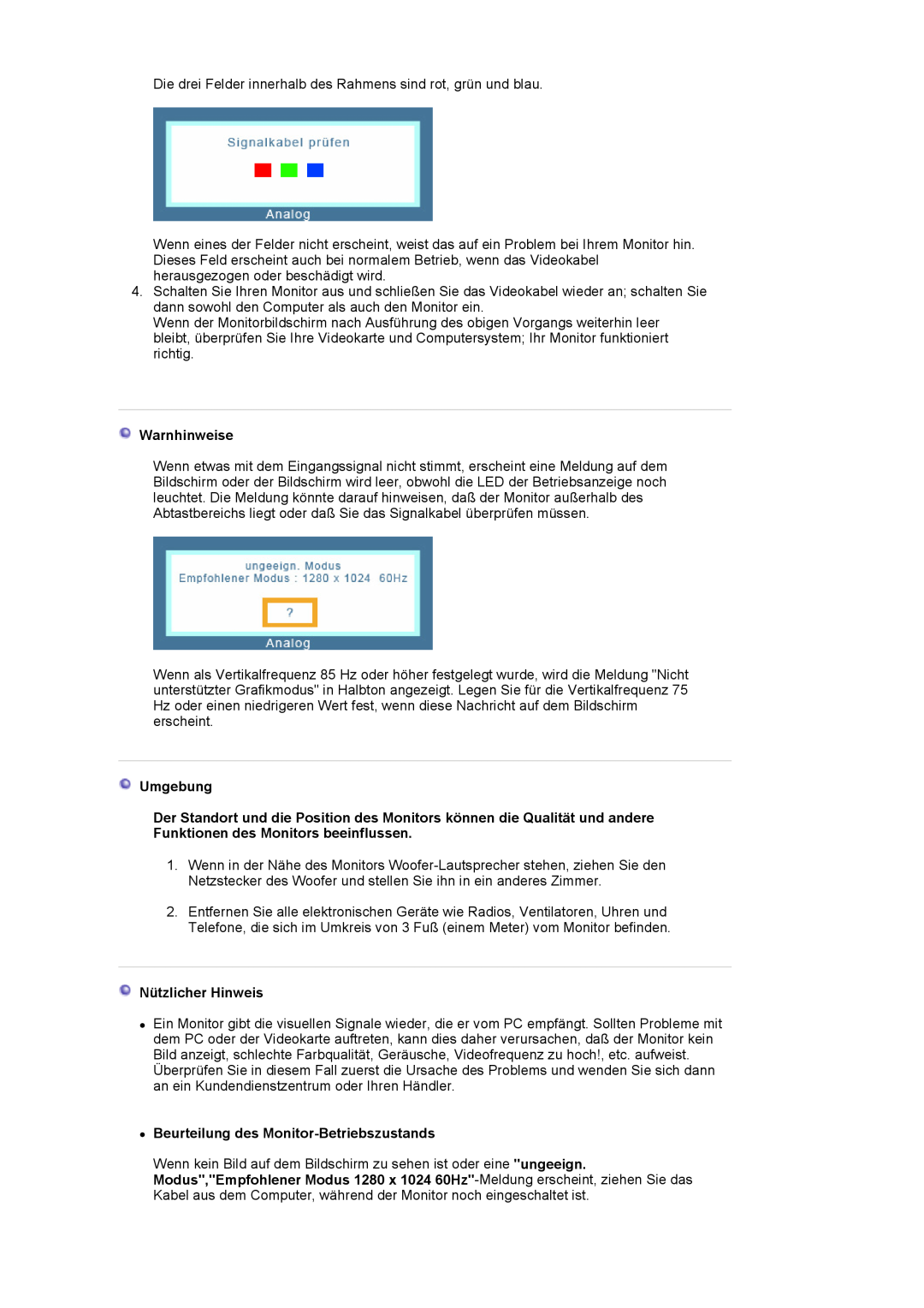 Samsung LS17MJSKS/EDC manual Warnhinweise, Umgebung, Nützlicher Hinweis, z Beurteilung des Monitor-Betriebszustands 