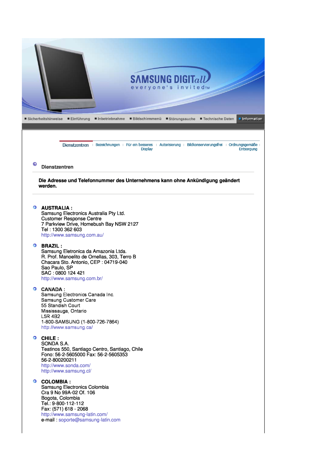 Samsung LS17MJSTSE/EDC, LS19MJSTS7/EDC, MJ19MSTSQ/EDC Dienstzentren, Australia, Brazil, Canada, Chile Sonda S.A, Colombia 