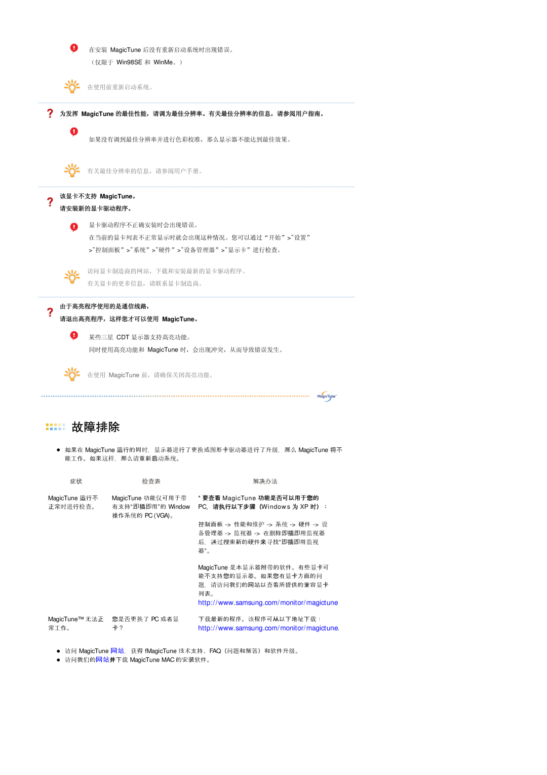 Samsung MJ19MSTSQ/EDC 故故故故, 在使用前重新启动系统。, 为发挥 MagicTune 的最佳性能，请调为最佳分辨率。有关最佳分辨率的信息，请参阅用户指南。, 有关最佳分辨率的信息，请参阅用户手册。, 症状 检查表 