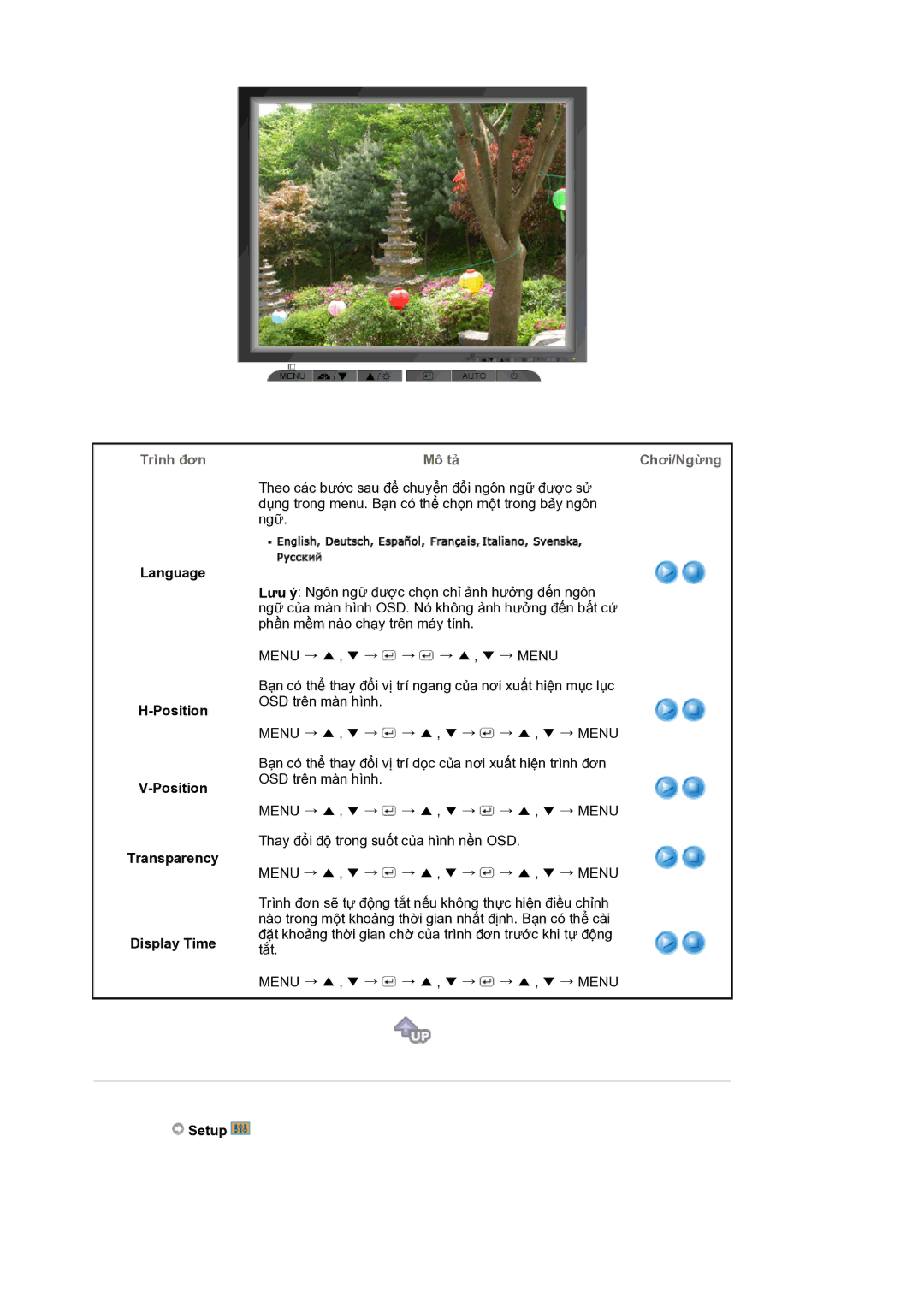 Samsung LS17MJVKB/XSV manual Language Position Transparency Display Time, Setup 