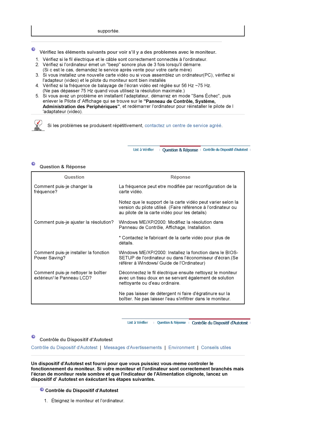 Samsung LS17MJVKS/EDC manual Question & Réponse, Question Réponse, Contrôle du Dispositif dAutotest 