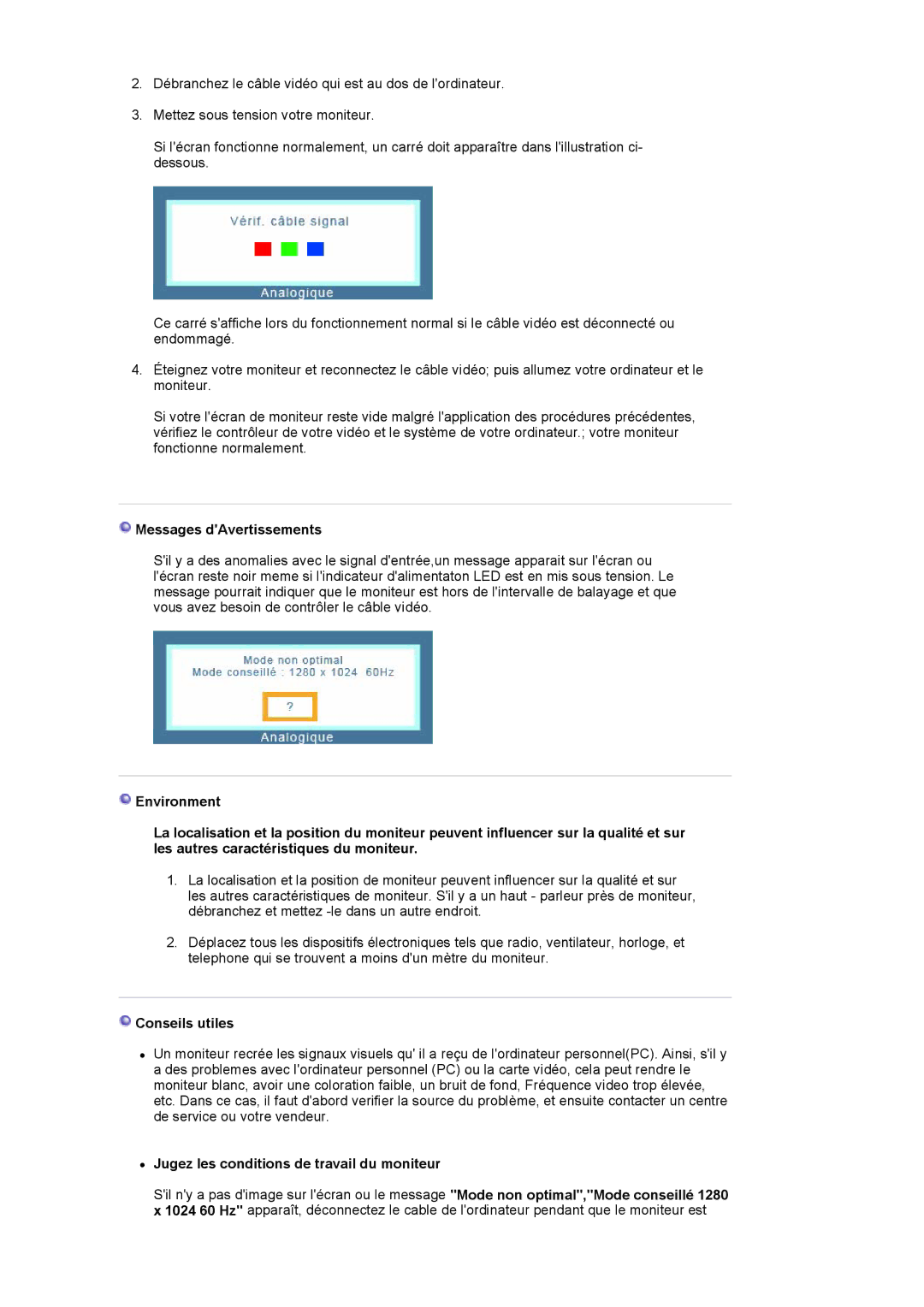 Samsung LS17MJVKS/EDC manual Messages dAvertissements, Conseils utiles, Jugez les conditions de travail du moniteur 