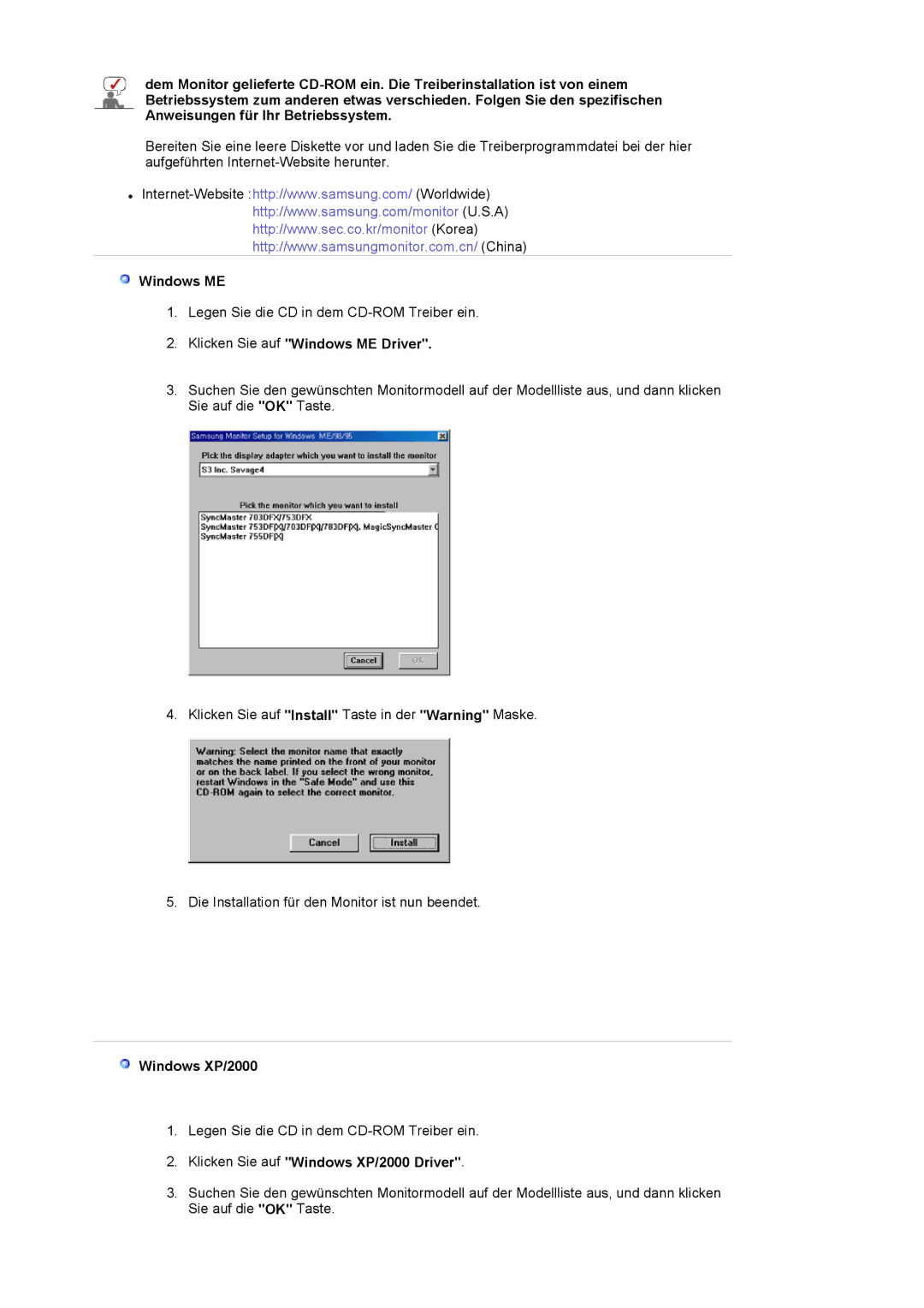 Samsung LS17MJVKS/EDC manual Klicken Sie auf Windows ME Driver, Klicken Sie auf Windows XP/2000 Driver 