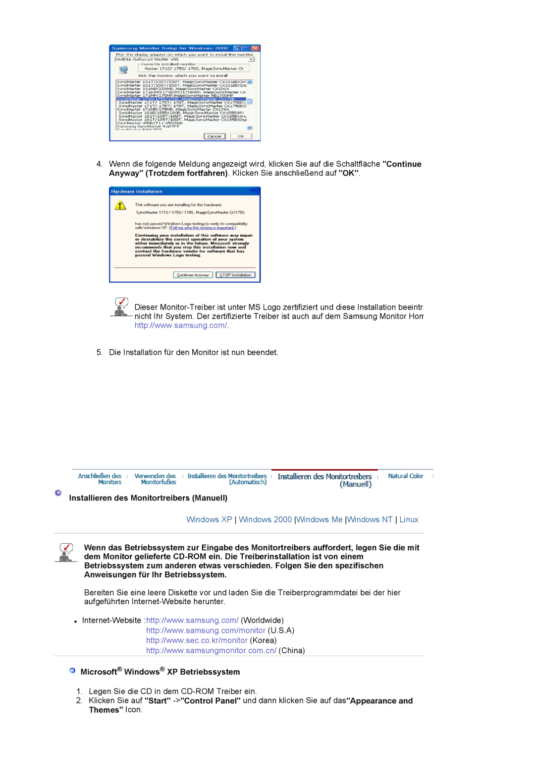 Samsung LS17MJVKS/EDC manual Installieren des Monitortreibers Manuell, Microsoft Windows XP Betriebssystem 