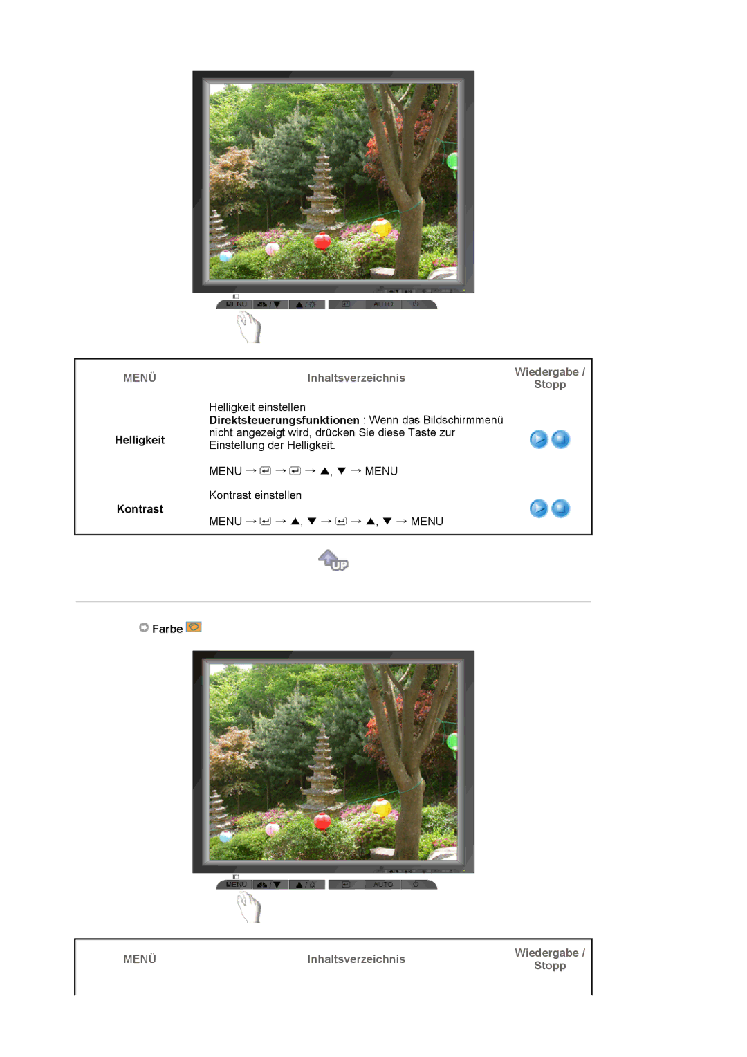 Samsung LS17MJVKS/EDC manual Helligkeit Kontrast, Farbe, Inhaltsverzeichnis Wiedergabe Stopp 