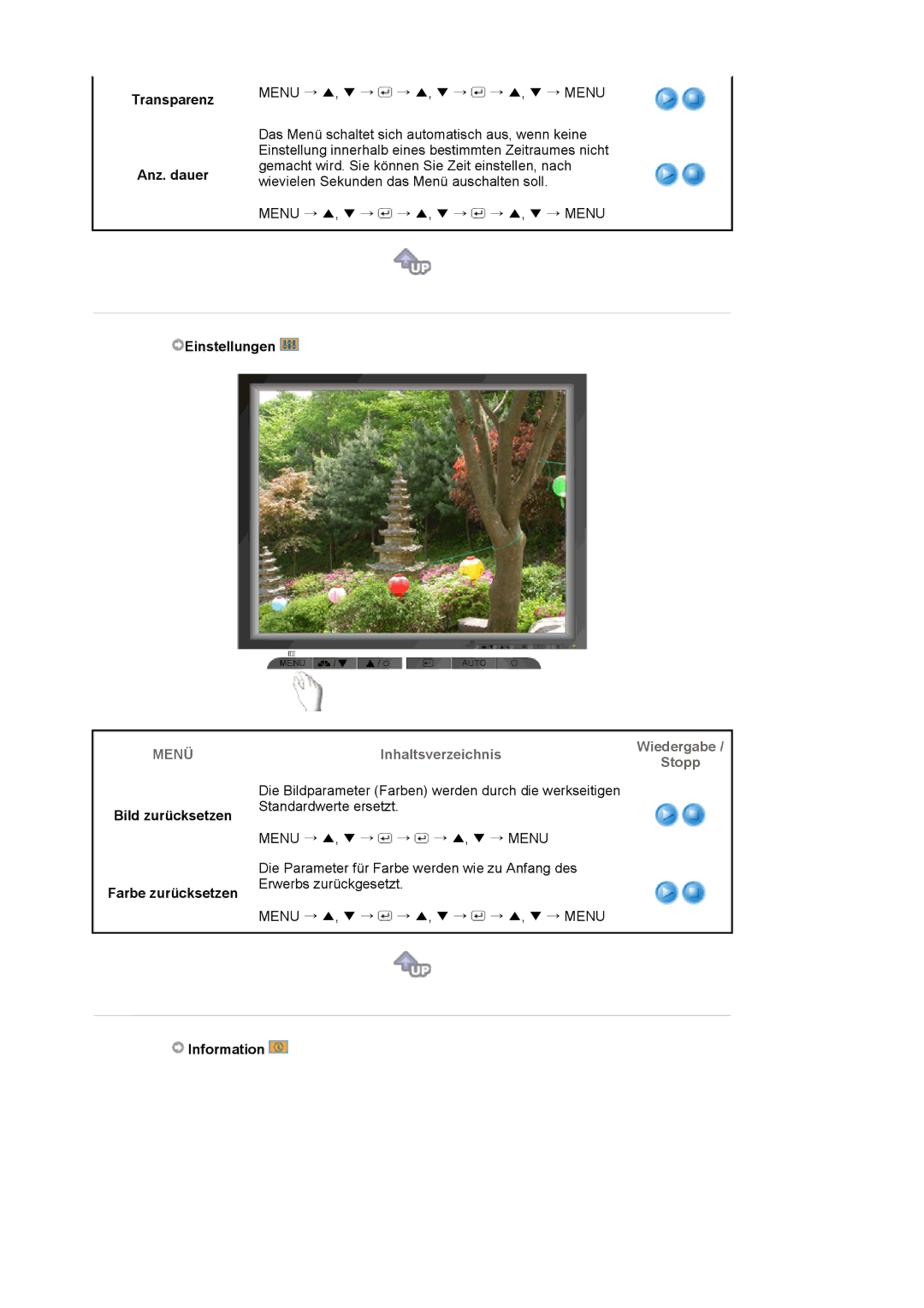 Samsung LS17MJVKS/EDC manual Transparenz Anz. dauer, Einstellungen, Bild zurücksetzen Farbe zurücksetzen, Information 