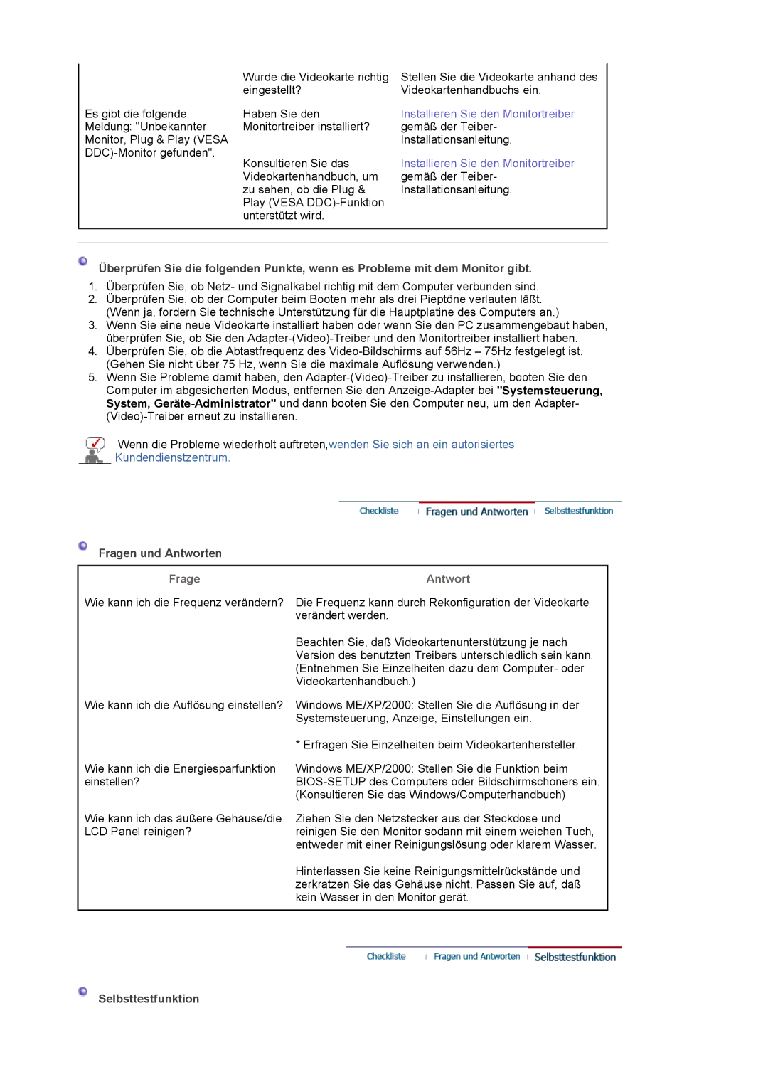 Samsung LS17MJVKS/EDC manual Fragen und Antworten, Frage Antwort, Selbsttestfunktion 