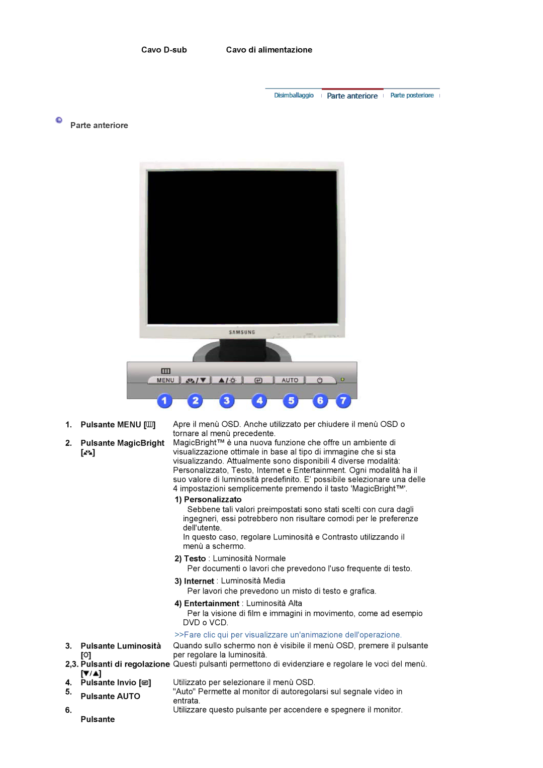 Samsung LS17MJVKS/EDC manual Cavo D-sub Cavo di alimentazione, Parte anteriore, Personalizzato 