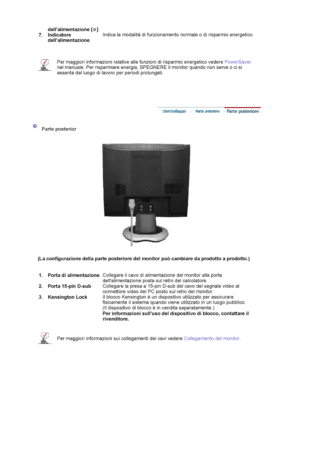 Samsung LS17MJVKS/EDC manual Dellalimentazione, Parte posterior 