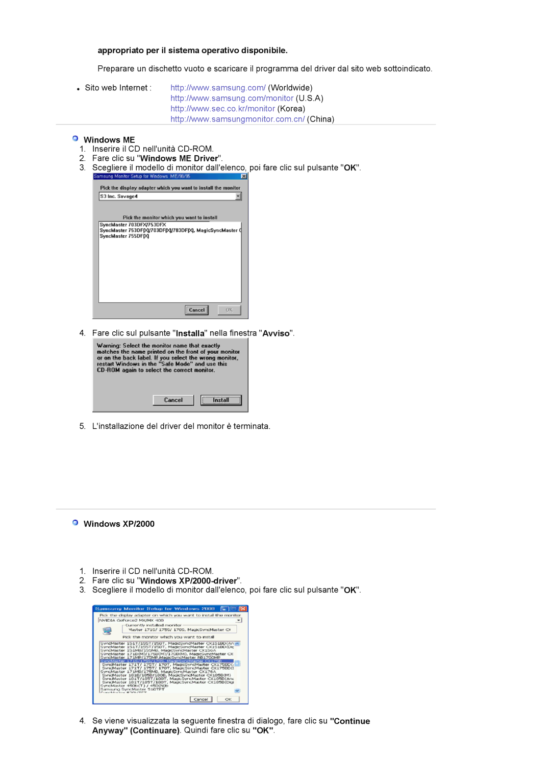 Samsung LS17MJVKS/EDC manual Appropriato per il sistema operativo disponibile, Fare clic su Windows ME Driver 