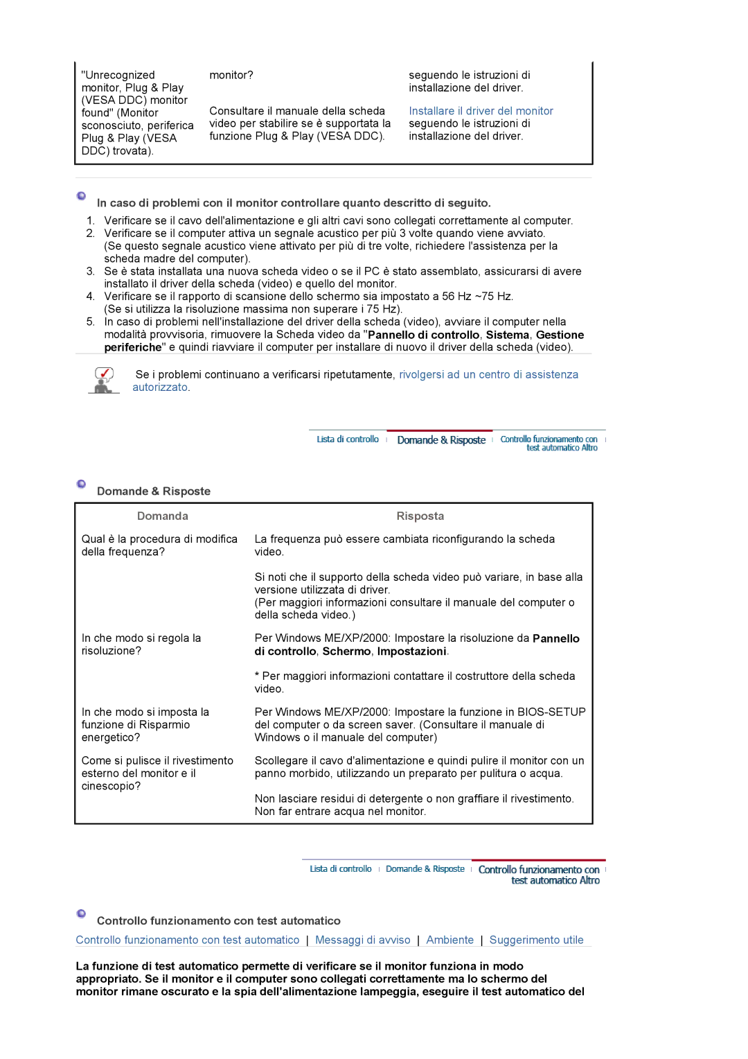 Samsung LS17MJVKS/EDC manual Domande & Risposte, Domanda Risposta, Controllo funzionamento con test automatico 