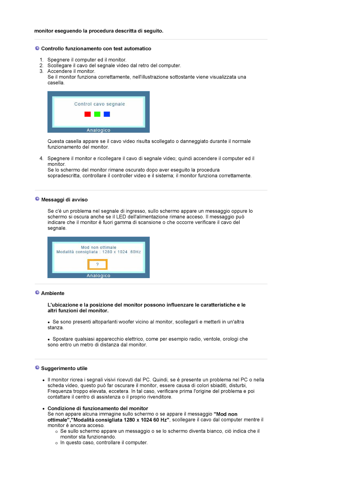 Samsung LS17MJVKS/EDC manual Messaggi di avviso, Suggerimento utile, Condizione di funzionamento del monitor 