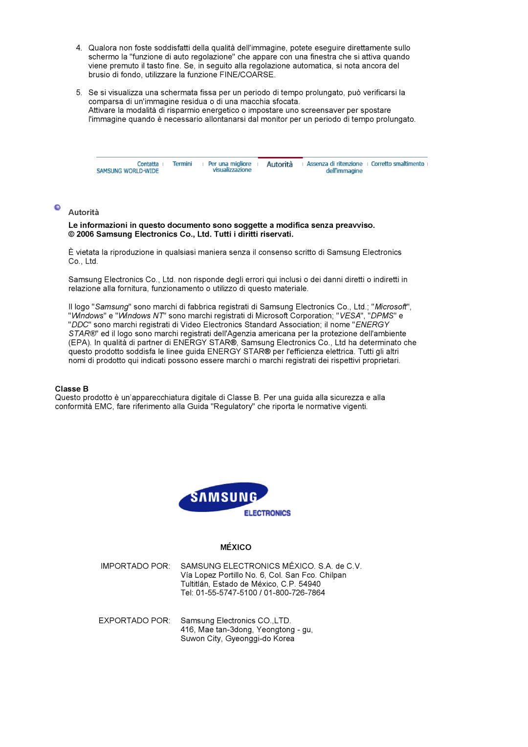 Samsung LS17MJVKS/EDC manual Autorità, Classe B 