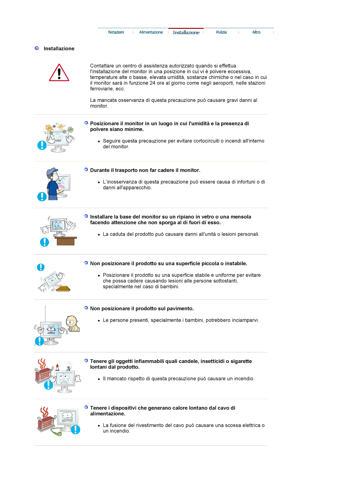 Samsung LS17MJVKS/EDC manual Installazione, Durante il trasporto non far cadere il monitor 