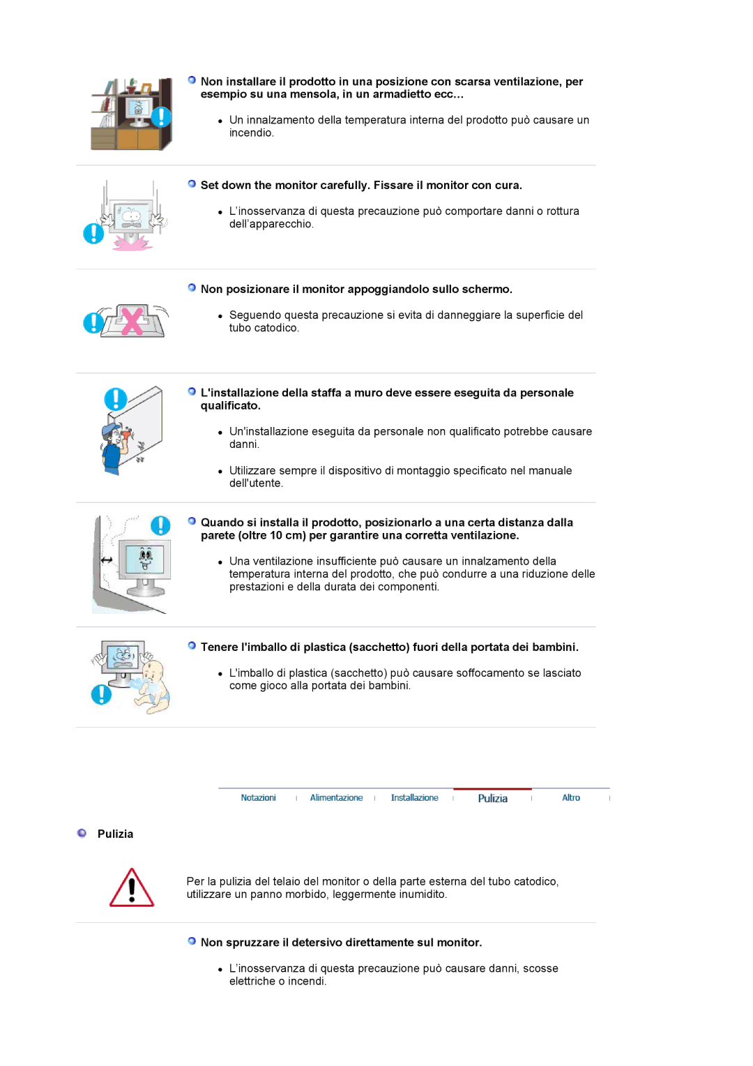 Samsung LS17MJVKS/EDC manual Set down the monitor carefully. Fissare il monitor con cura, Pulizia 