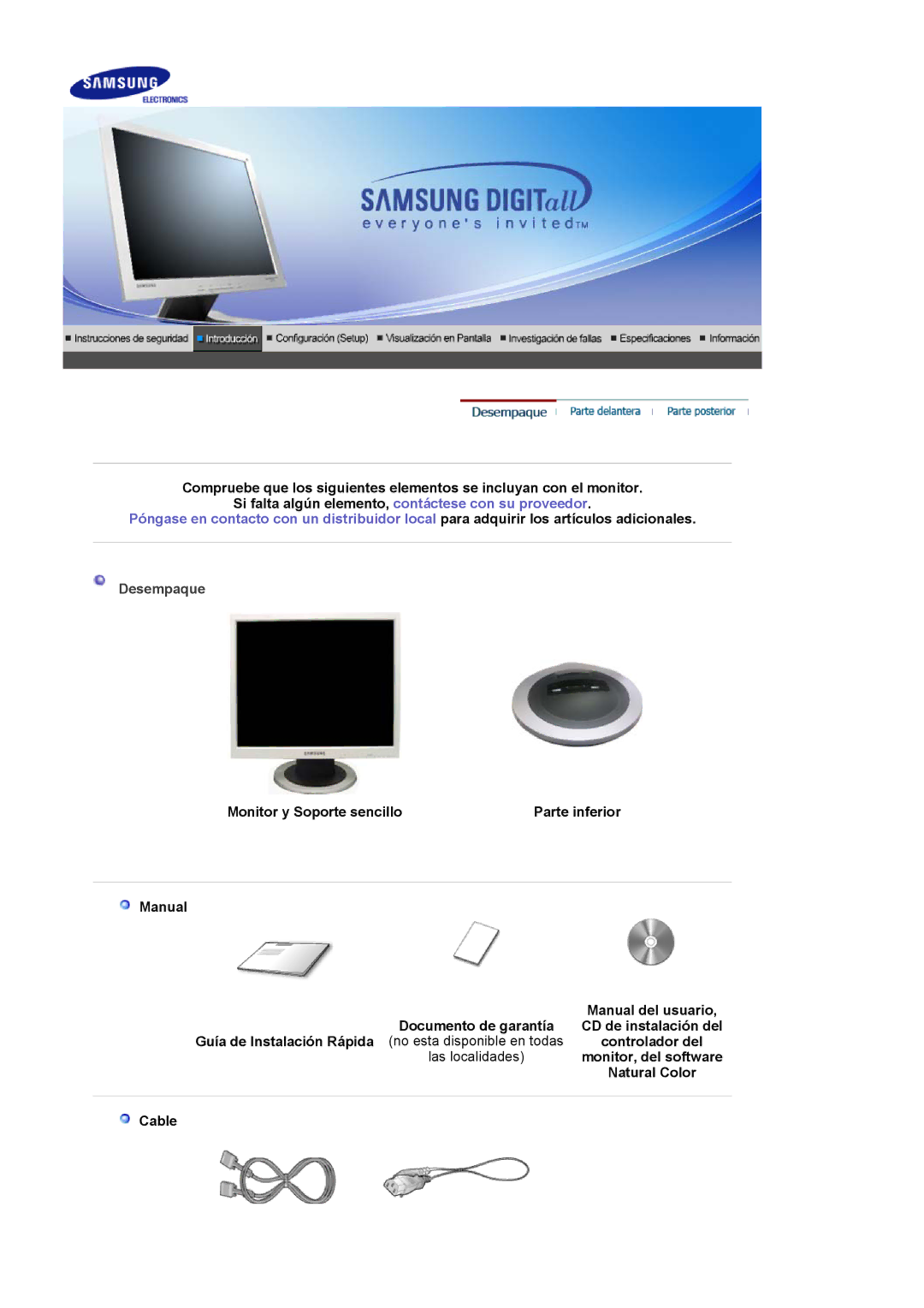 Samsung LS17MJVKS/EDC manual Desempaque, Monitor, del software, Natural Color, Cable 