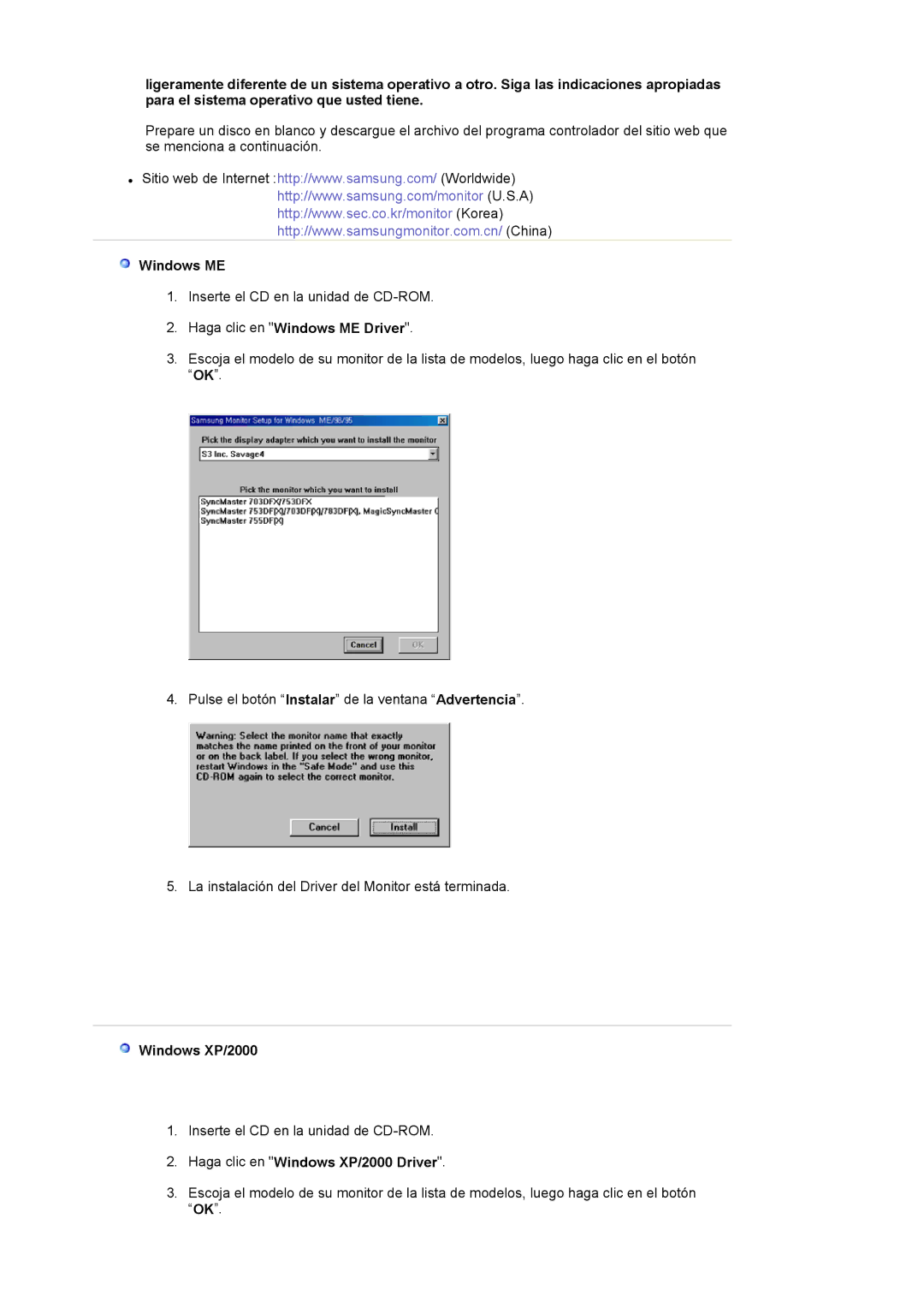 Samsung LS17MJVKS/EDC manual Haga clic en Windows ME Driver, Haga clic en Windows XP/2000 Driver 