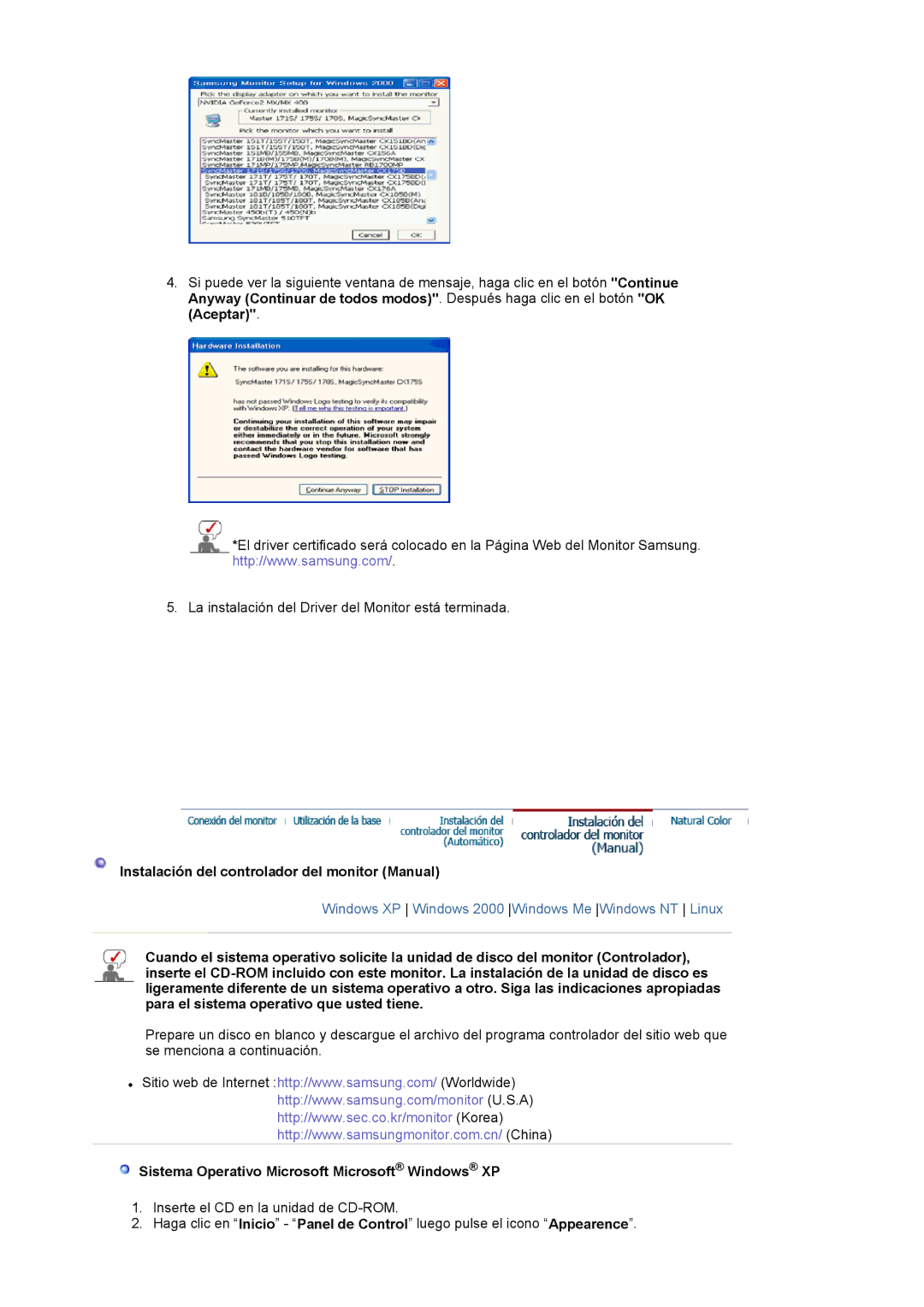 Samsung LS17MJVKS/EDC Instalación del controlador del monitor Manual, Sistema Operativo Microsoft Microsoft Windows XP 