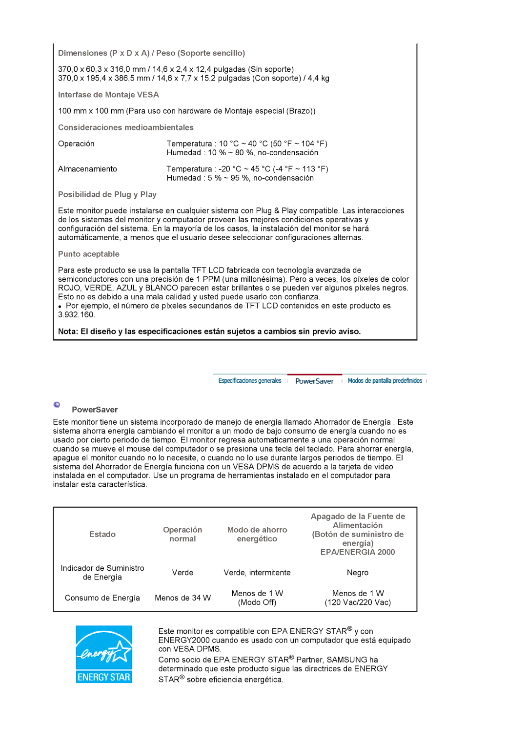 Samsung LS17MJVKS/EDC Dimensiones P x D x a / Peso Soporte sencillo, Interfase de Montaje Vesa, Posibilidad de Plug y Play 