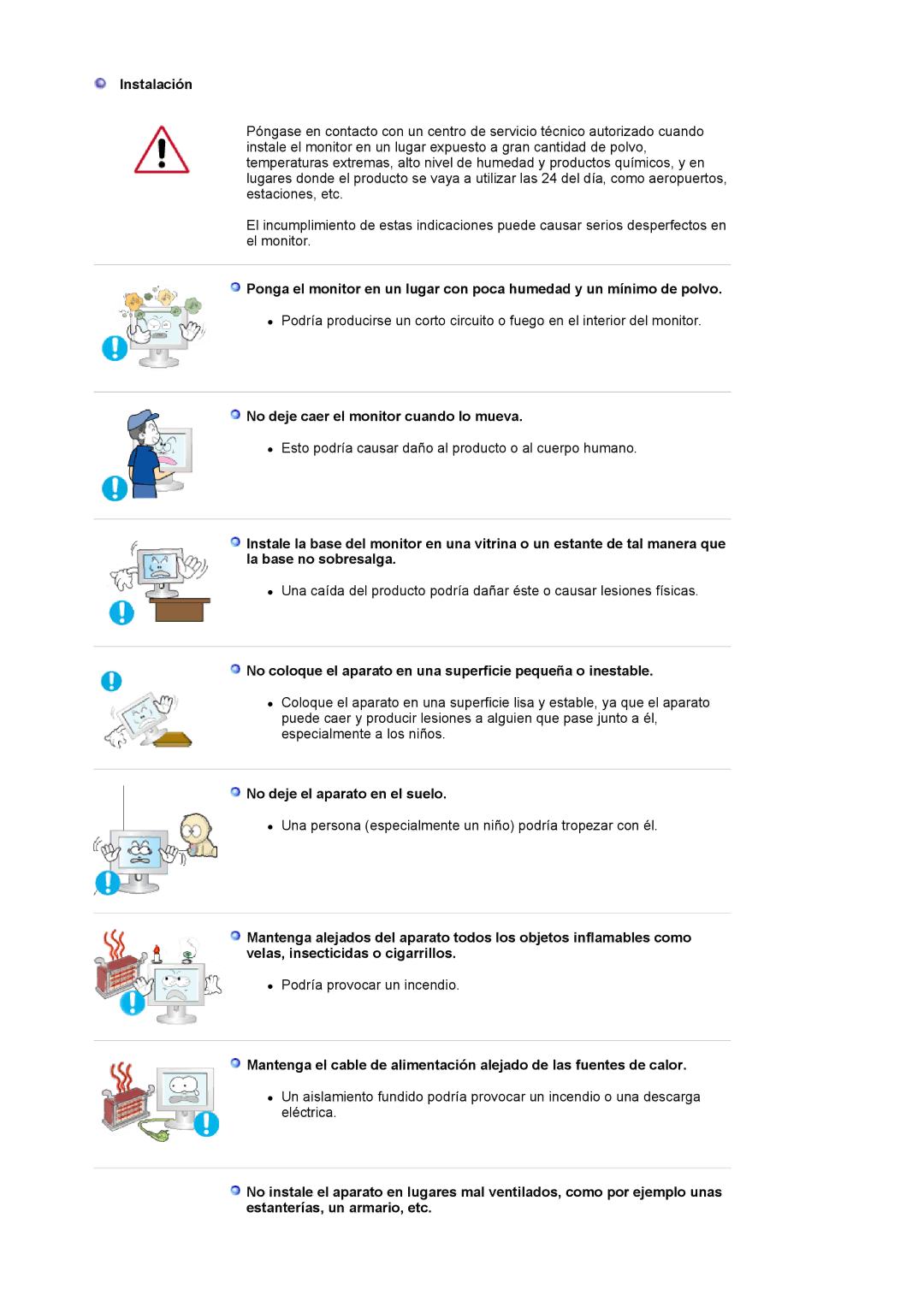 Samsung LS17MJVKS/EDC manual Instalación, No deje caer el monitor cuando lo mueva, No deje el aparato en el suelo 