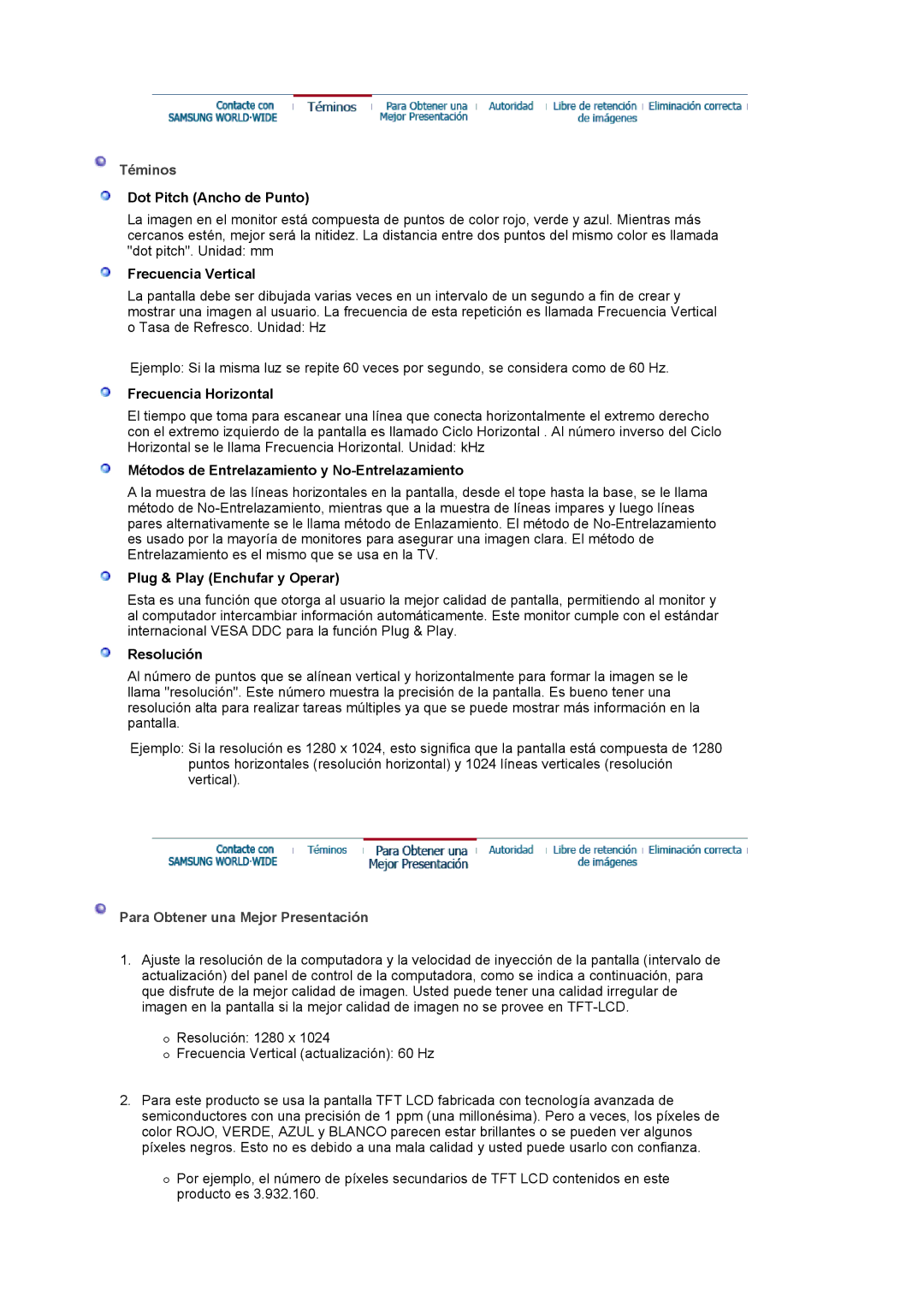 Samsung LS17MJVKS/EDC manual Téminos, Para Obtener una Mejor Presentación 