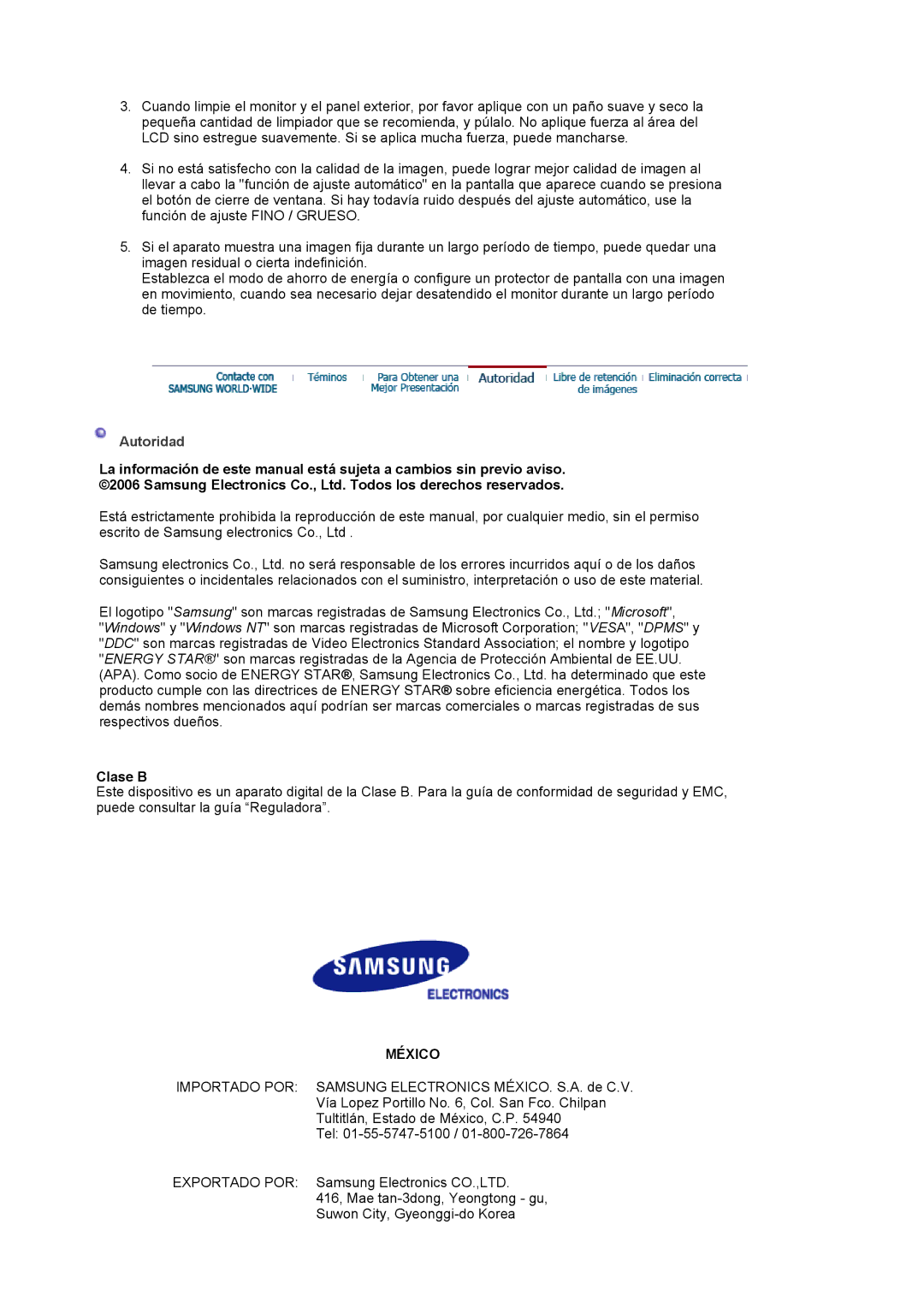 Samsung LS17MJVKS/EDC manual Autoridad, Clase B 