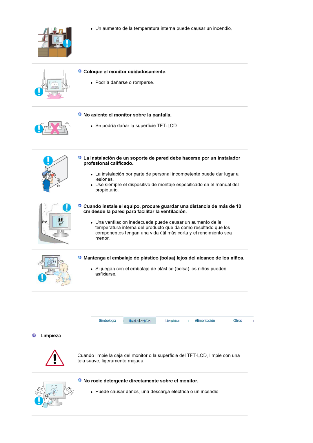 Samsung LS17MJVKS/EDC manual Coloque el monitor cuidadosamente, No asiente el monitor sobre la pantalla, Limpieza 