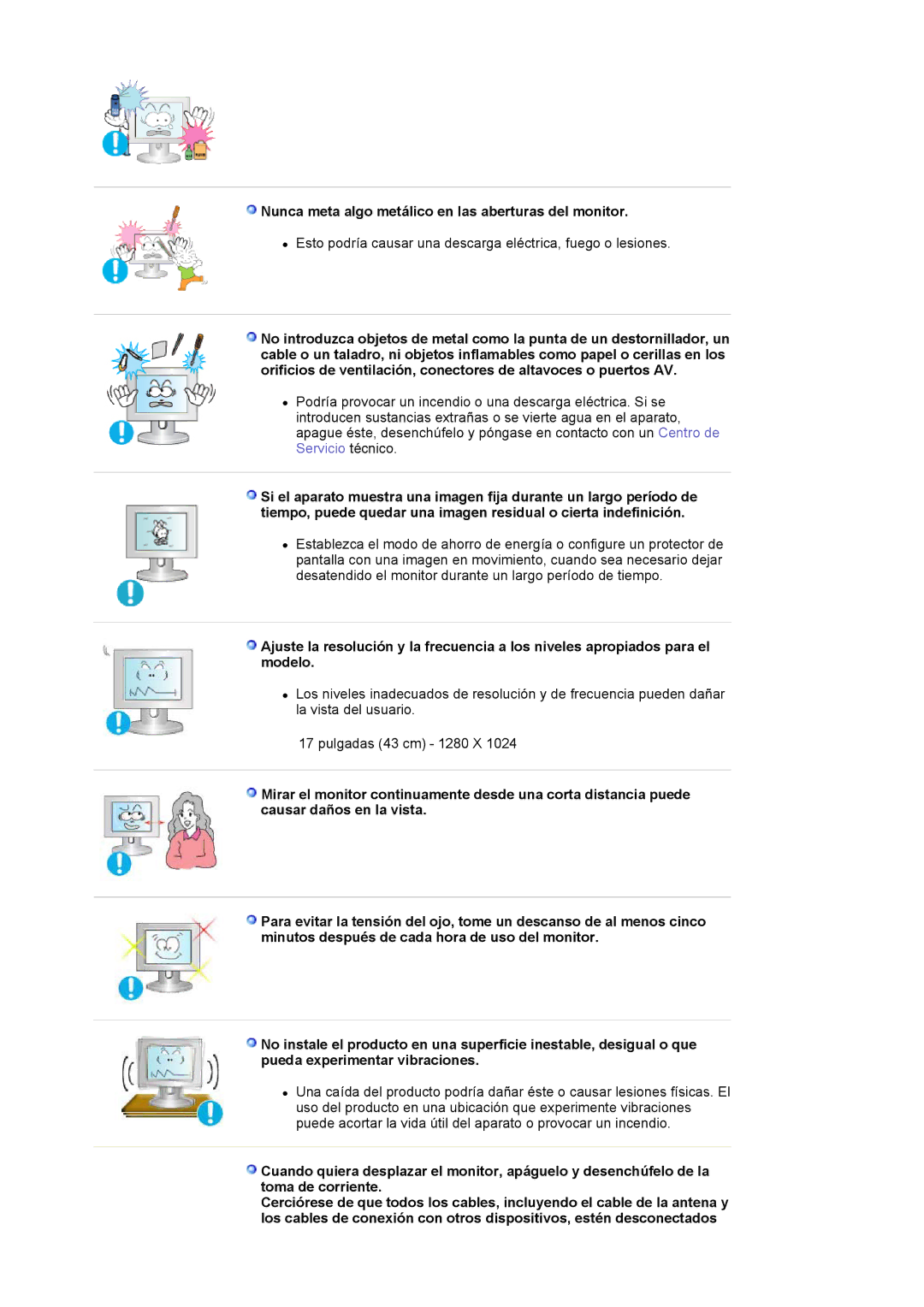 Samsung LS17MJVKS/EDC manual Nunca meta algo metálico en las aberturas del monitor 