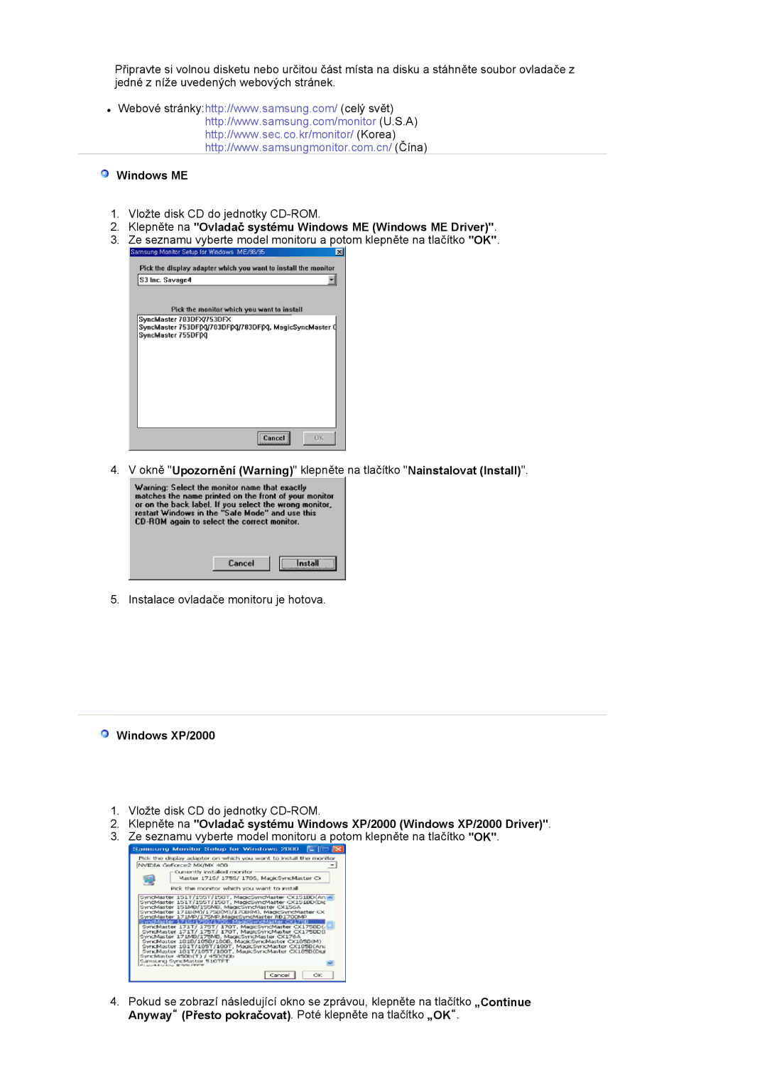 Samsung LS17MJVKS/EDC manual Klepněte na Ovladač systému Windows ME Windows ME Driver, Windows XP/2000 