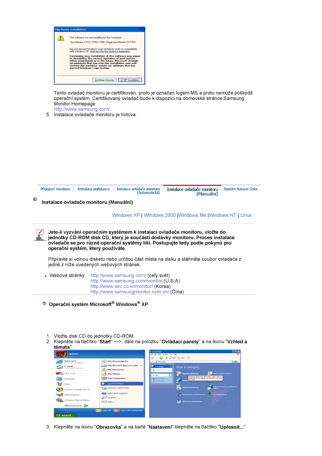 Samsung LS17MJVKS/EDC manual Instalace ovladače monitoru Manuální, Operační systém Microsoft Windows XP 