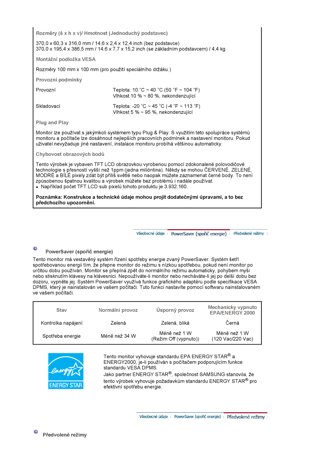 Samsung LS17MJVKS/EDC manual Rozměry š x h x v/ Hmotnost Jednoduchý podstavec, Montážní podložka Vesa, Provozní podmínky 