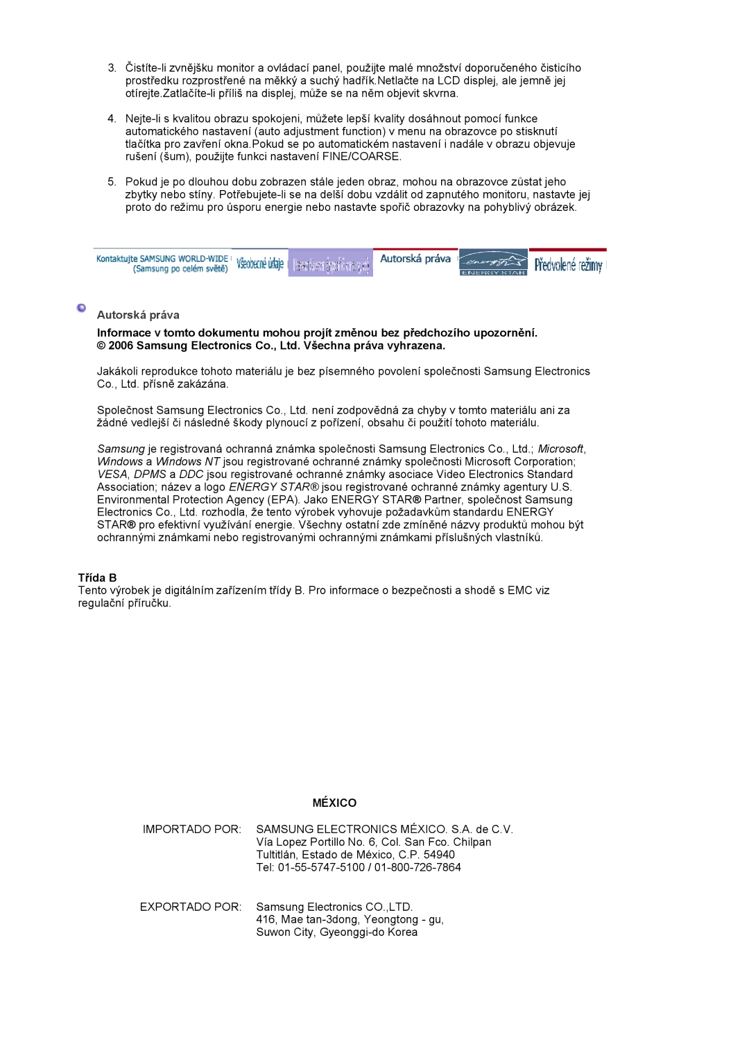 Samsung LS17MJVKS/EDC manual Autorská práva, Třída B 