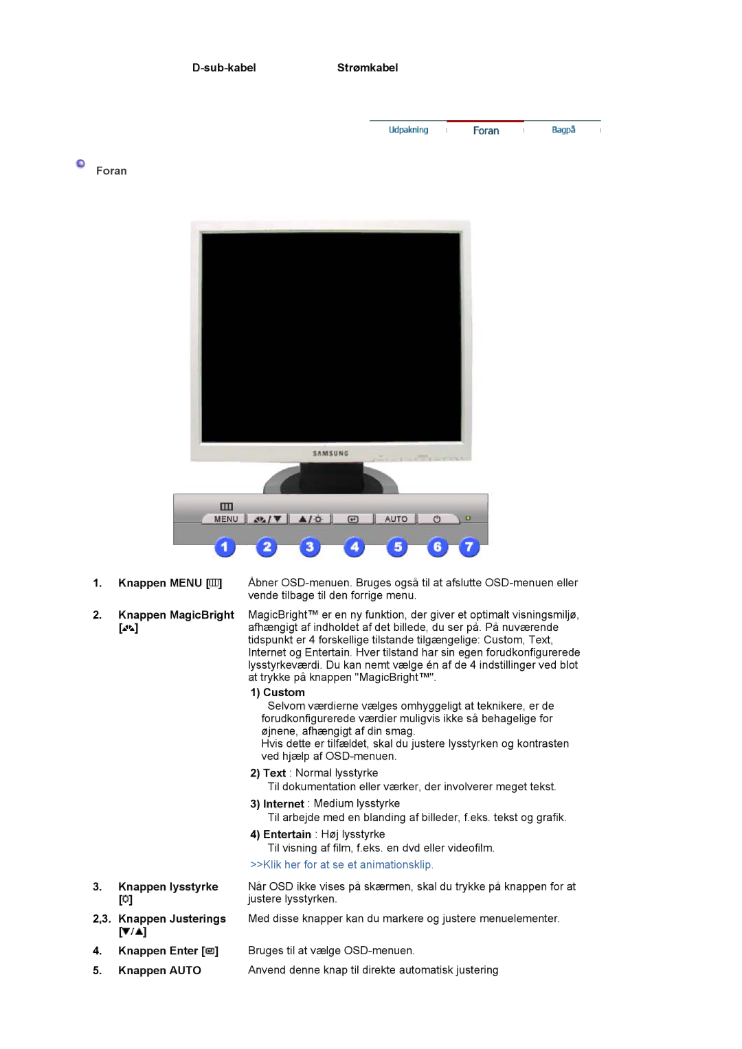 Samsung LS17MJVKS/EDC manual Sub-kabelStrømkabel, Foran, Custom, Knappen Auto 