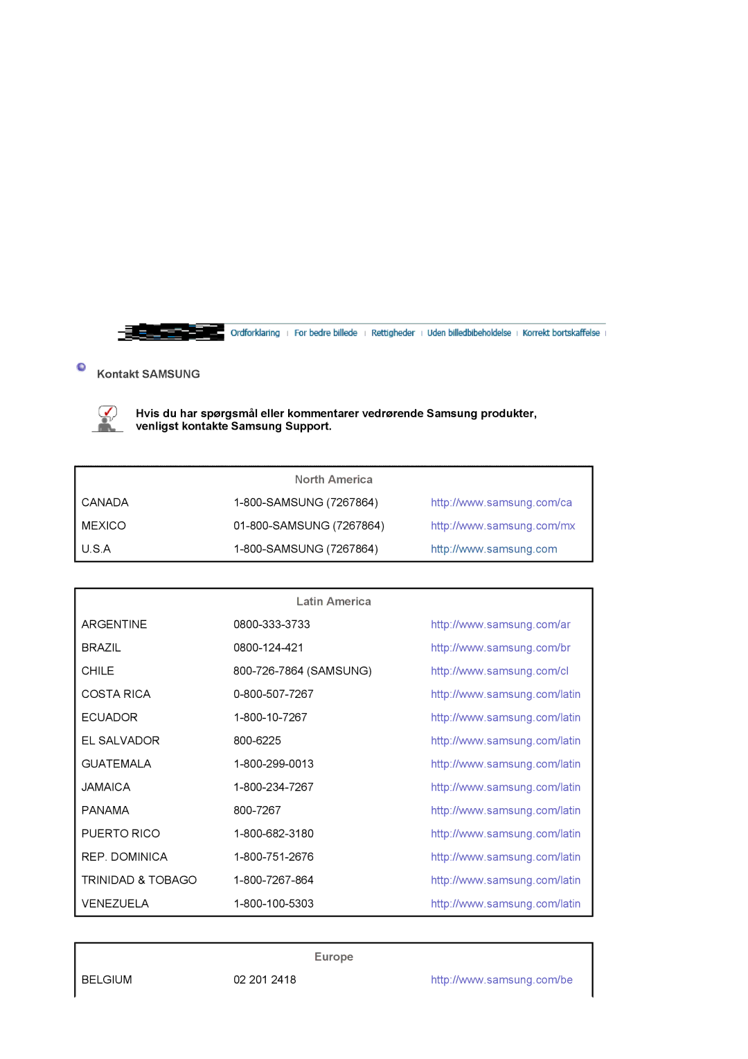 Samsung LS17MJVKS/EDC manual Kontakt Samsung, North America, Latin America, Europe 