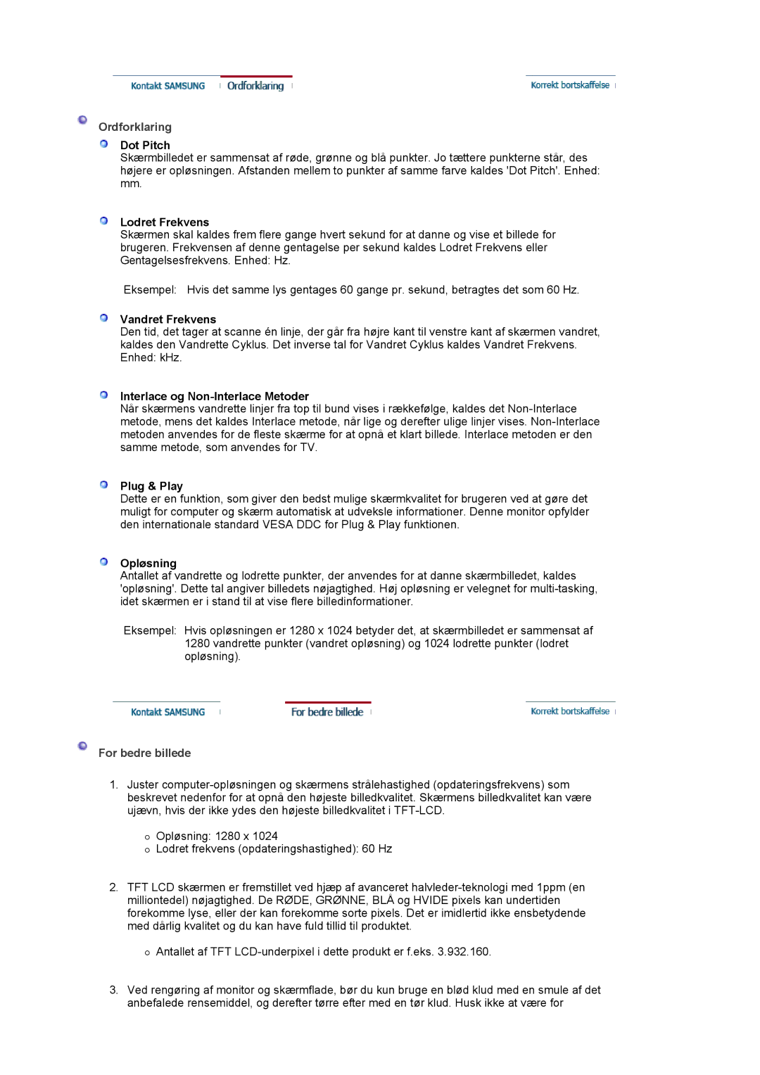 Samsung LS17MJVKS/EDC manual Ordforklaring, For bedre billede 