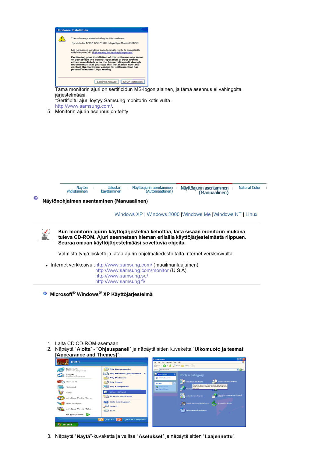 Samsung LS17MJVKS/EDC manual Näytönohjaimen asentaminen Manuaalinen, Microsoft Windows XP Käyttöjärjestelmä 