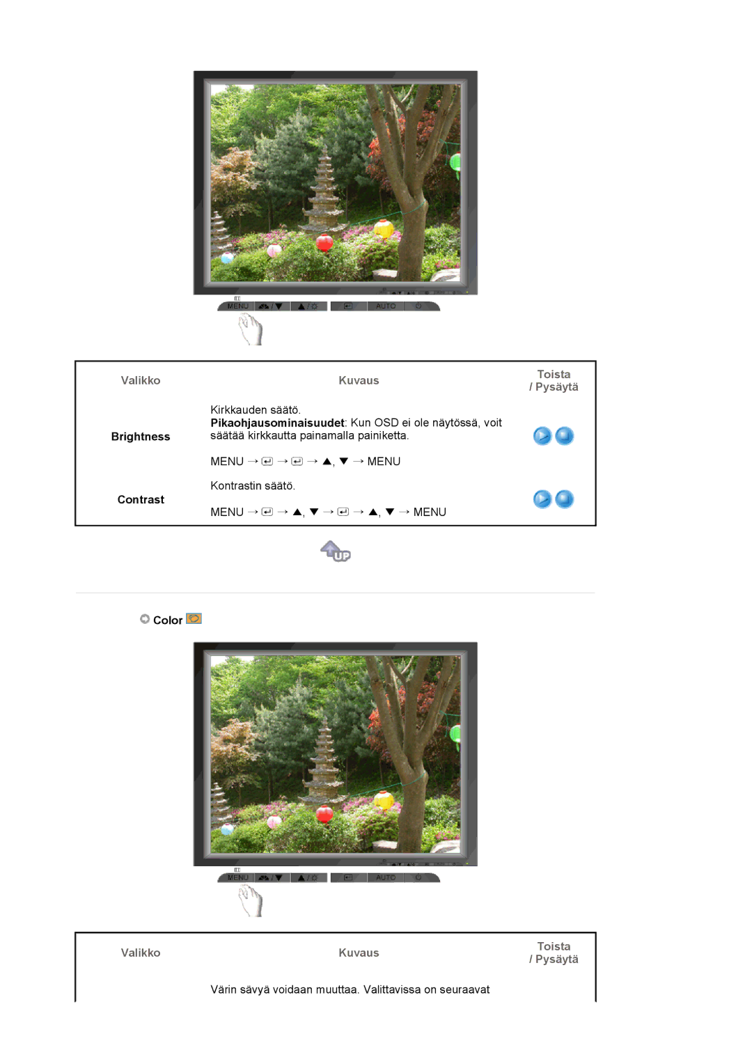 Samsung LS17MJVKS/EDC manual Brightness Contrast, Toista Pysäytä, Color 