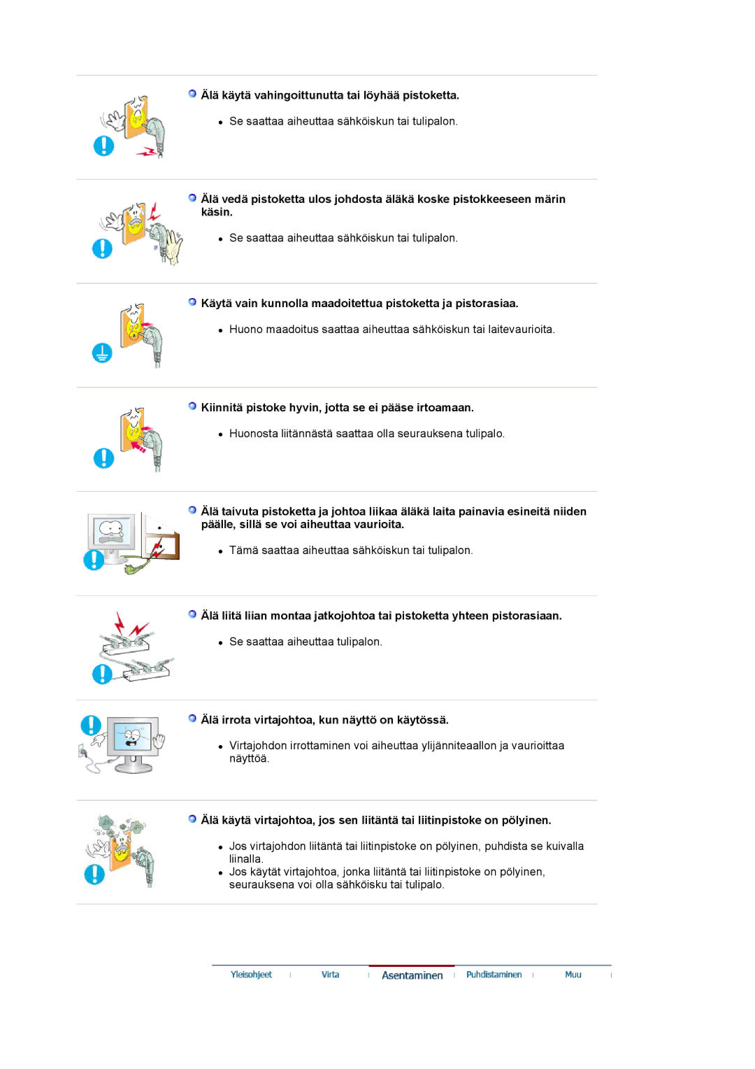 Samsung LS17MJVKS/EDC Älä käytä vahingoittunutta tai löyhää pistoketta, Älä irrota virtajohtoa, kun näyttö on käytössä 