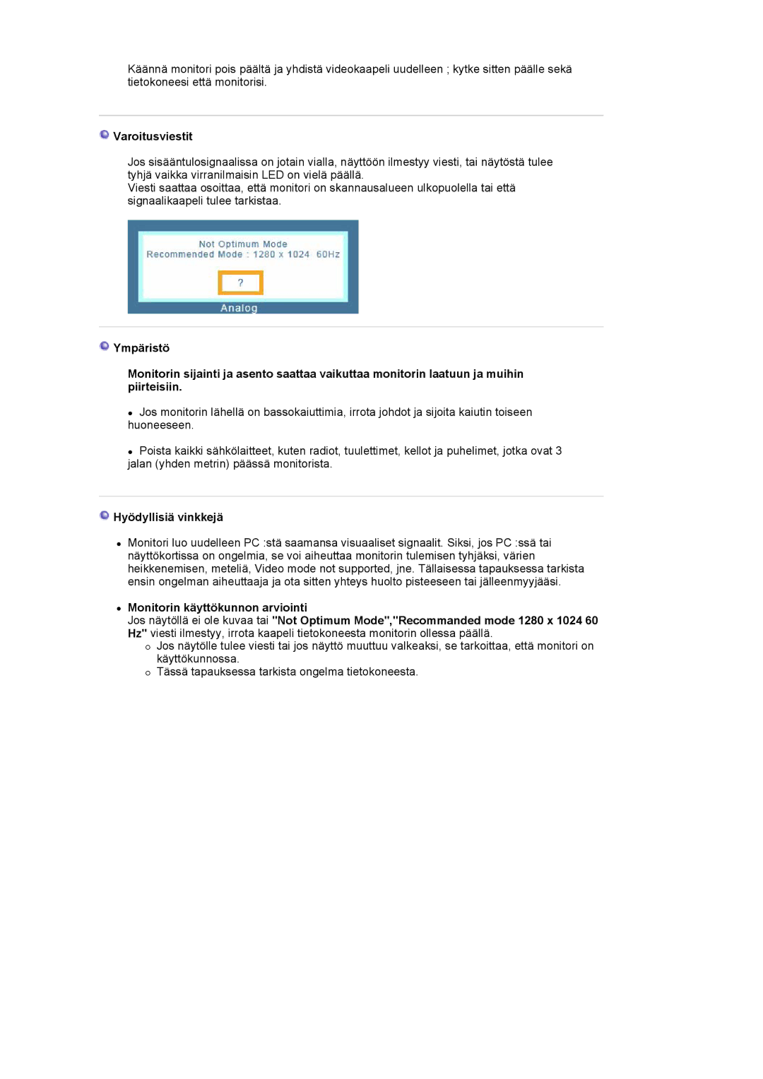 Samsung LS17MJVKS/EDC manual Varoitusviestit, Hyödyllisiä vinkkejä 