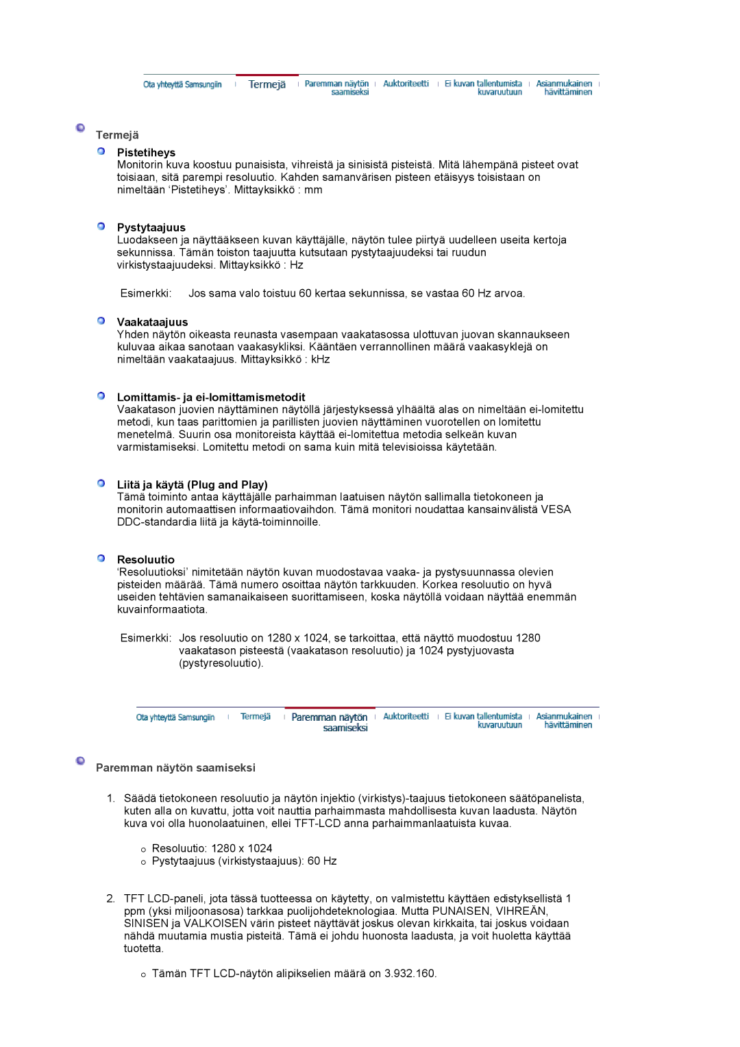 Samsung LS17MJVKS/EDC manual Termejä, Paremman näytön saamiseksi 